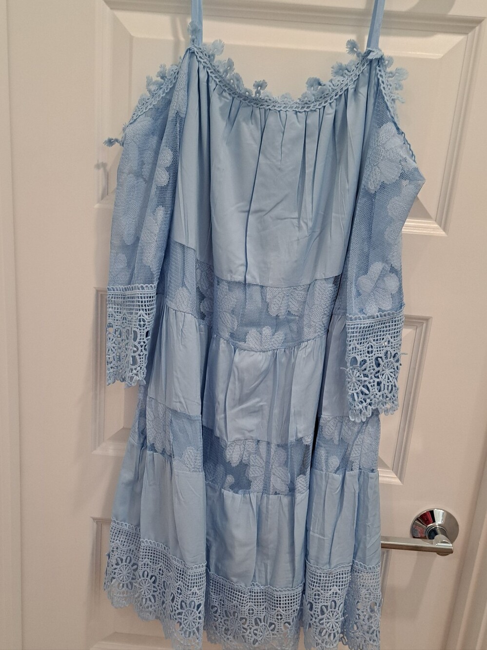 Light Blue Lace Tiered Cold-Shoulder Dress